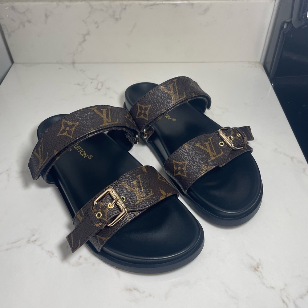 Louis Vuitton Monogram Double-Buckle Slide Sandals - Brown & Gold
